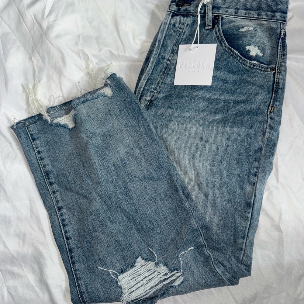 Pistola Cassie Super High Rise Straight Jeans 31 NWT Distressed Raw Hem